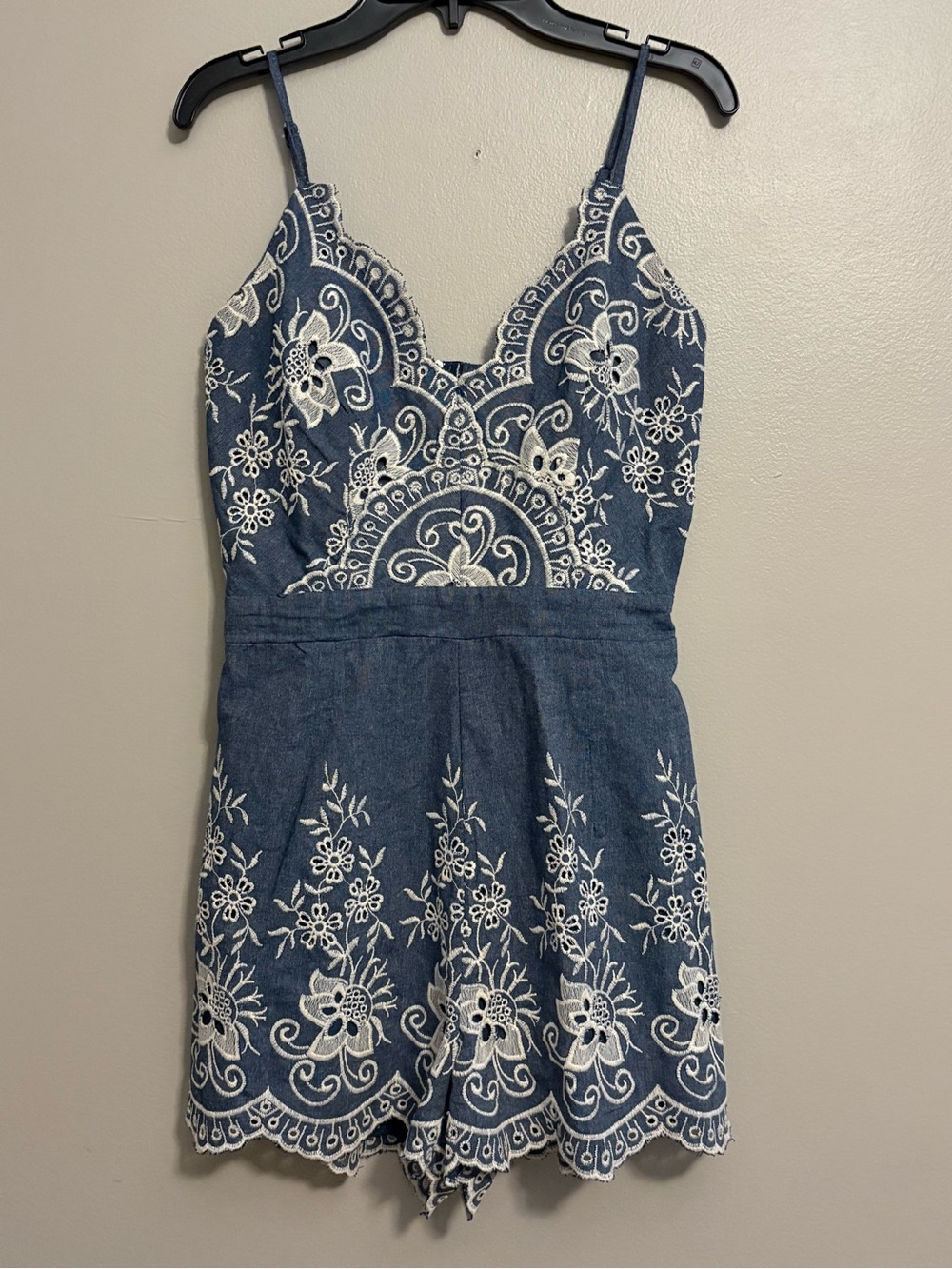 Chicwish Blue Denim Romper with White Embroidered Floral Detail